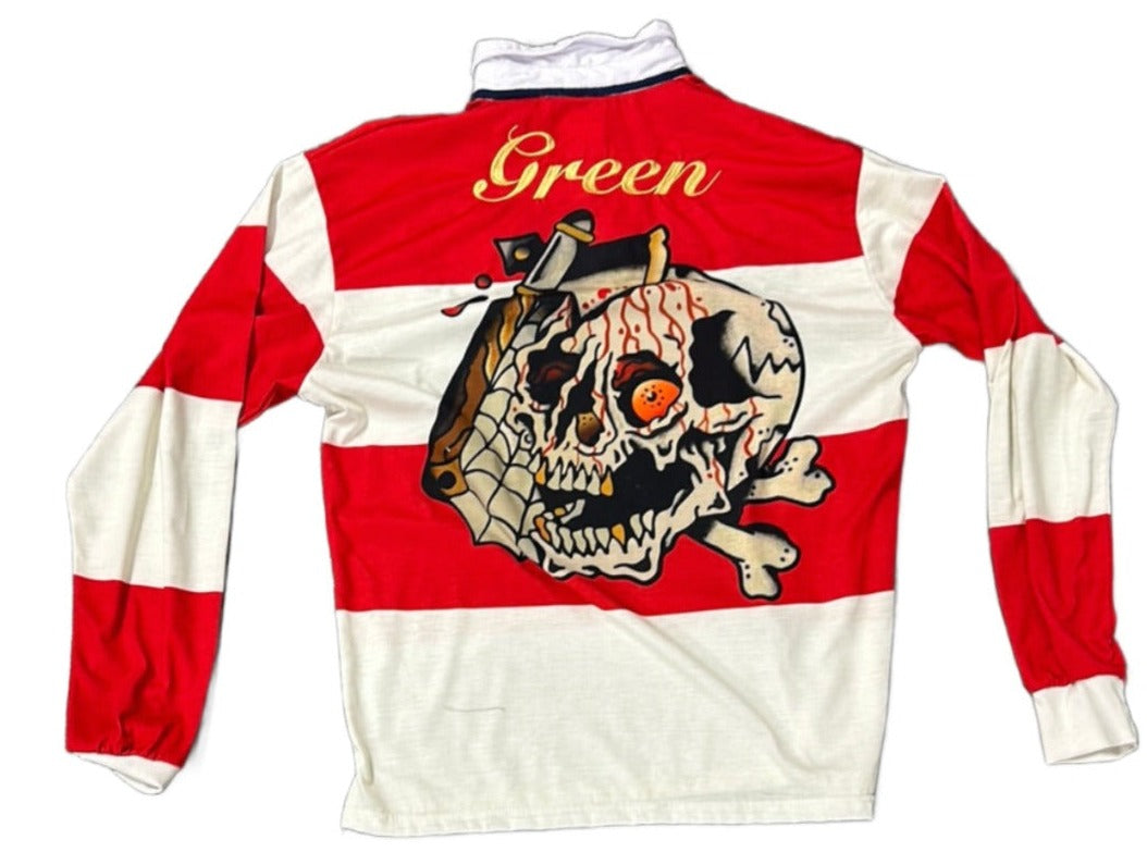 Rockkgreen striped polo skull red/white long sleeve tee