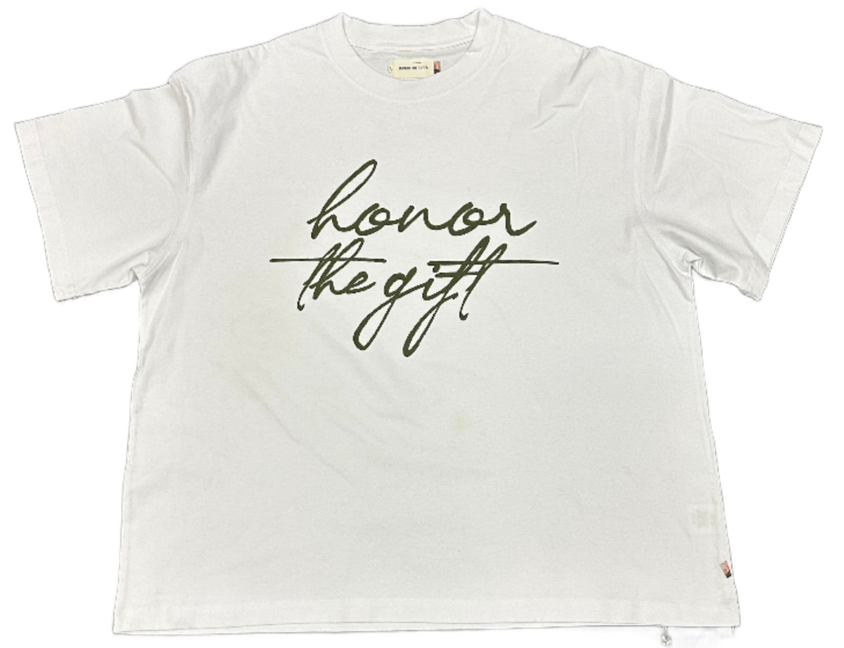 Honor The Gift Script White/Olive T shirt