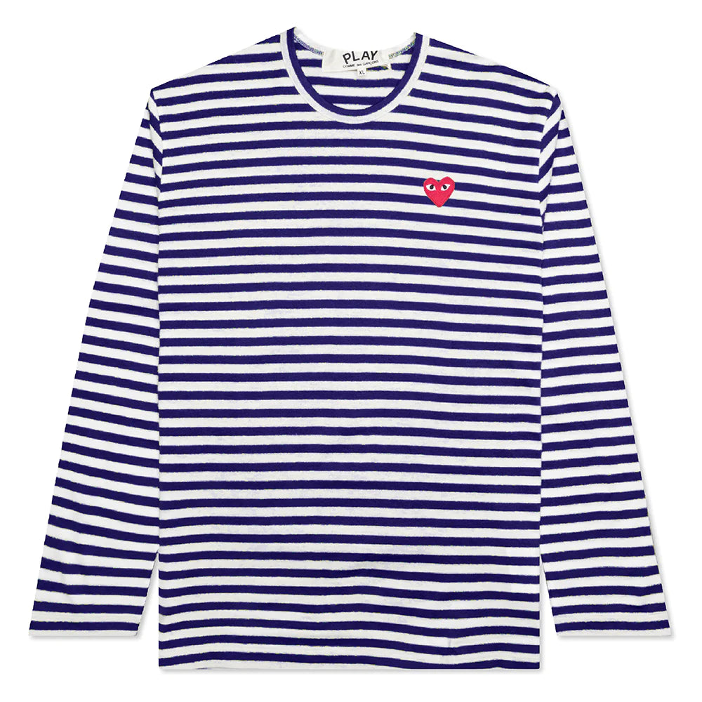 CDG STRIPED HEART LONG SLEEVE BLUE/WHITE- COMME DES GARCONS