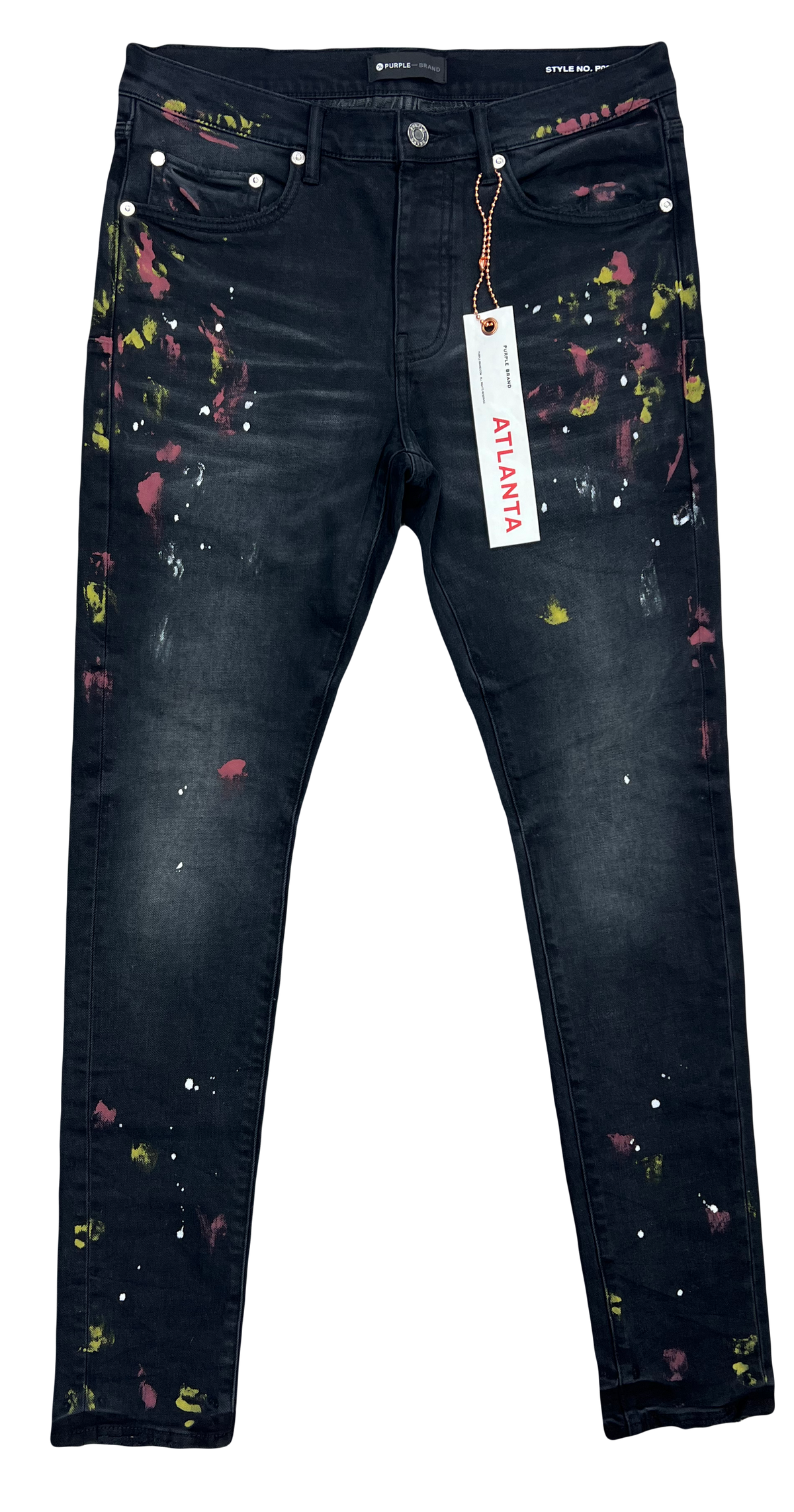 Purple Brand - Black Red Yellow paint Splatter Atlanta Exclusive Ripped skinny jeans