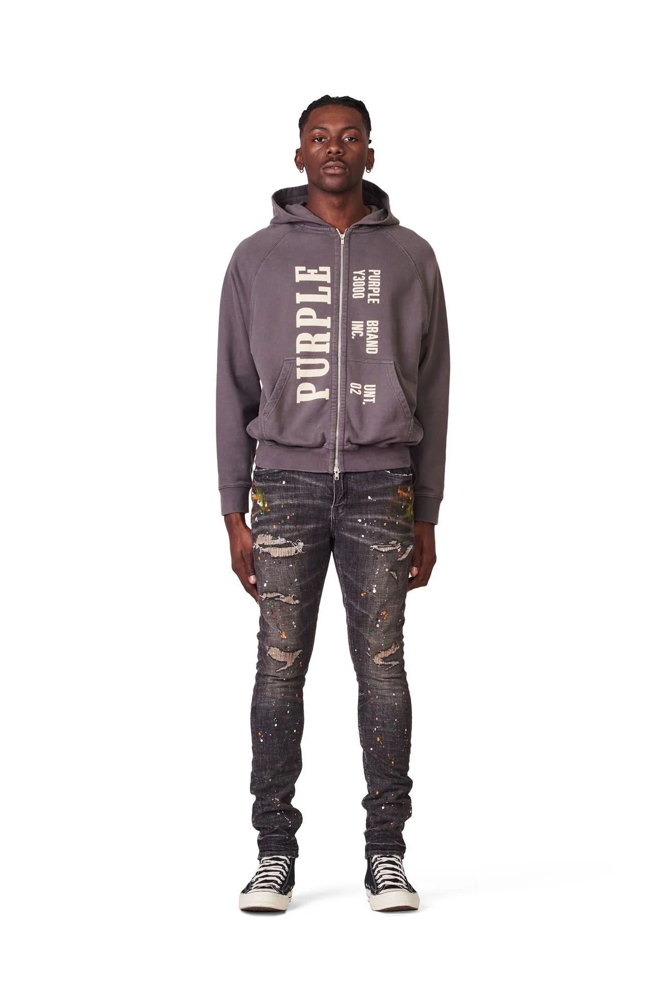 Purple Brand P001 LOW RISE SKINNY JEAN - Grey Paint Distress