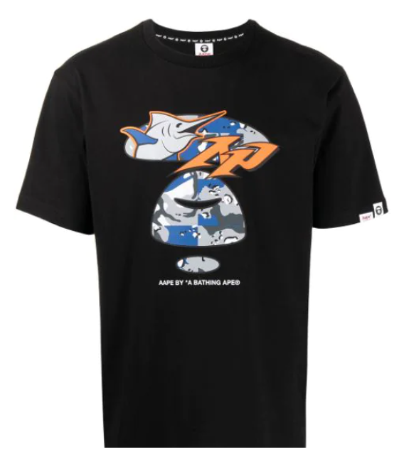 AAPE MARLIN BLUE/ORANGE CAMO BAPE HEAD BLACK TEE BY A BATHING APE