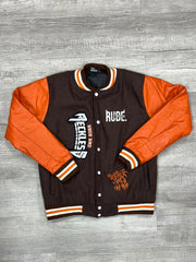 Rude and Reckless Brown and orange varsity jacket