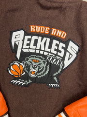 Rude and Reckless Brown and orange varsity jacket